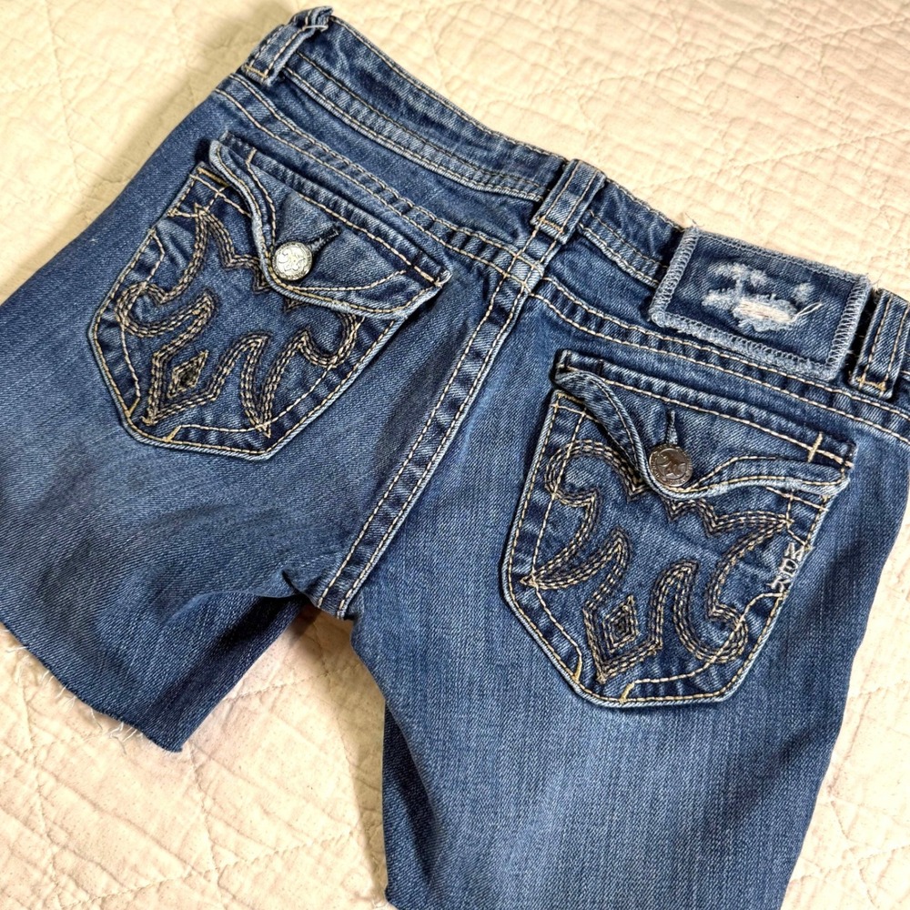 MEK Denim Chicago Cutoff Shorts Size 25 Blue‎ Y2K Embroidered Flap Pocket
